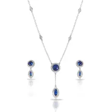 Colar de Prata Blend Collection com Brincos de Zircônias Cristal e Safira Redondas e Navetes