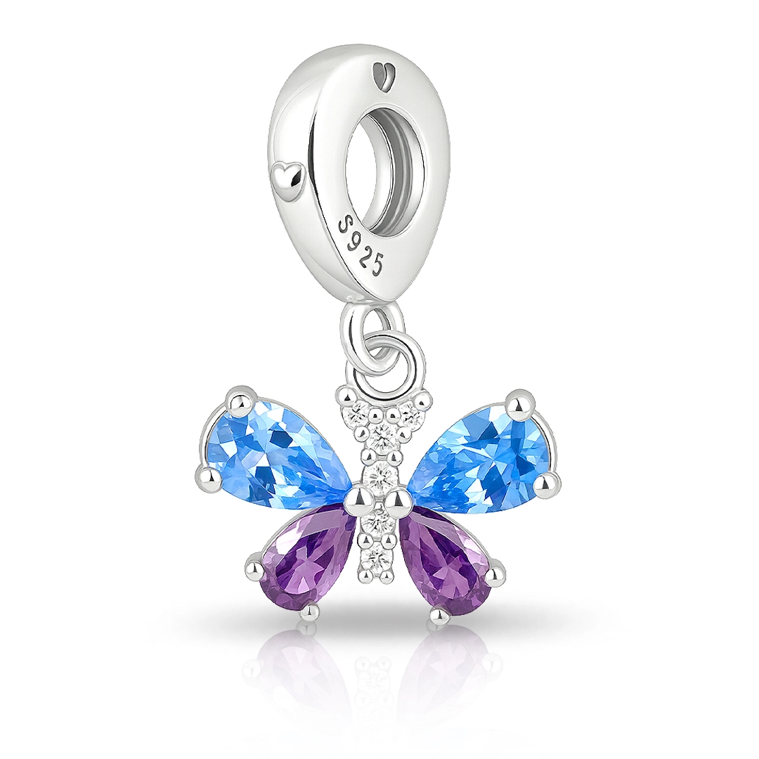 Berloque Borboleta com Zircônias Ametista, Cristal e Topázio