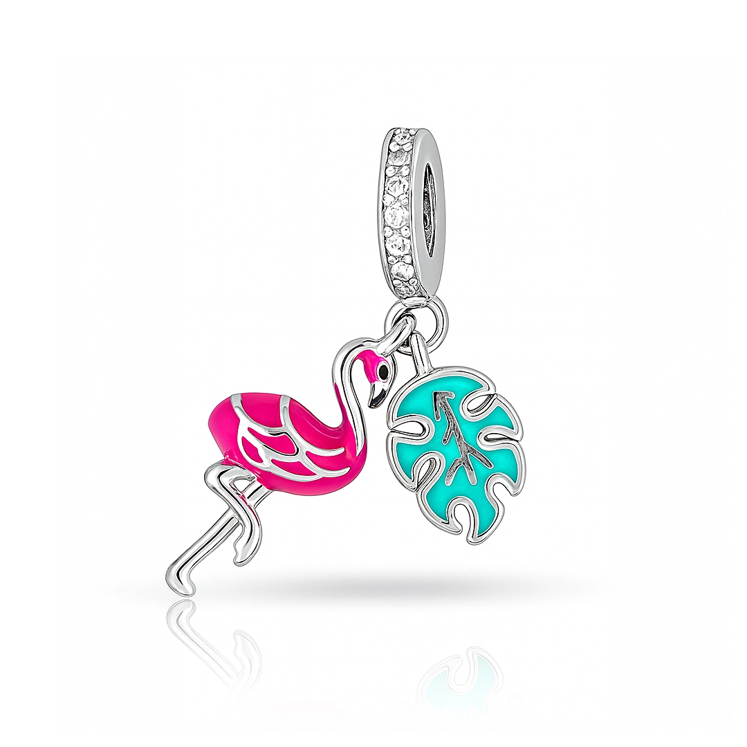 Berloque Flamingo com Resina Rosa e Verde