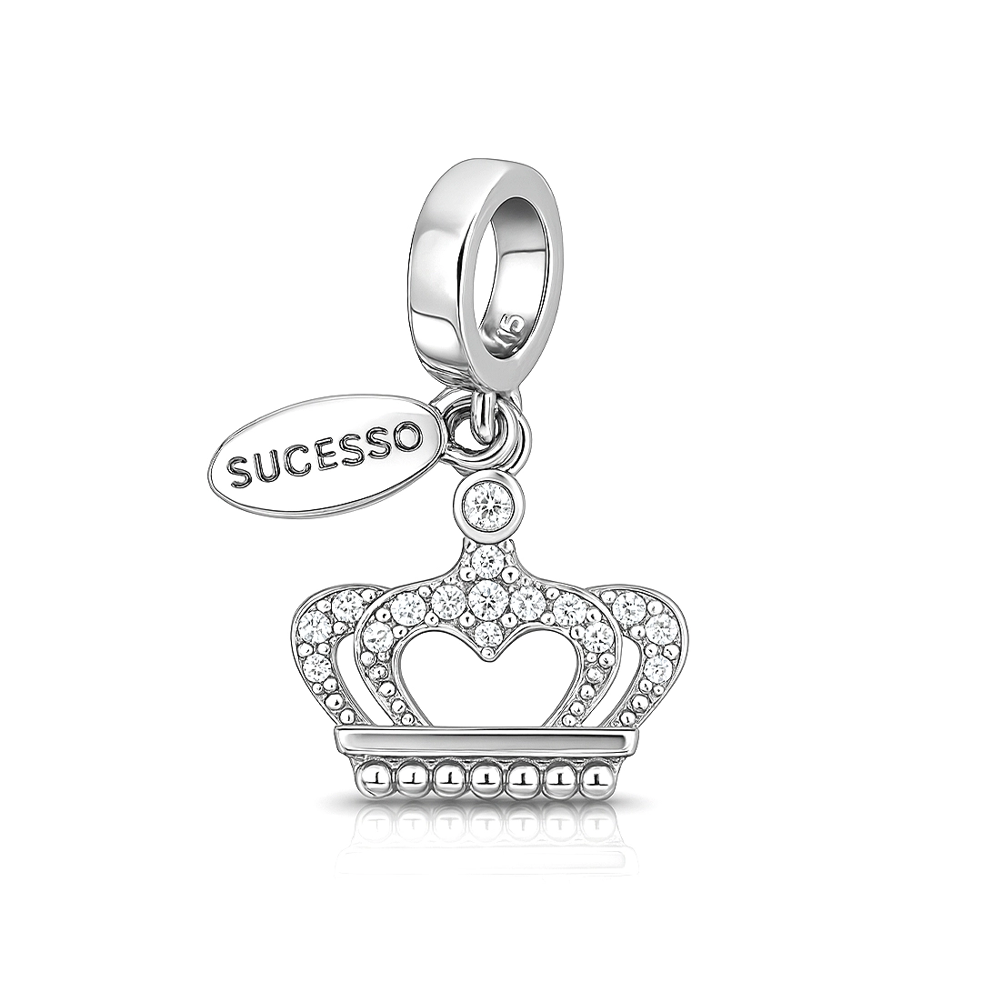 Berloque Coroa com Zircônias Cristal e Placa Sucesso