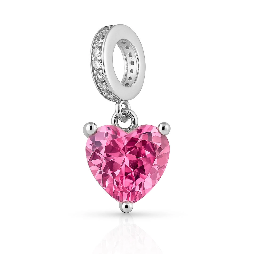 Berloque Coração com Zircônia Rosa e Cristal