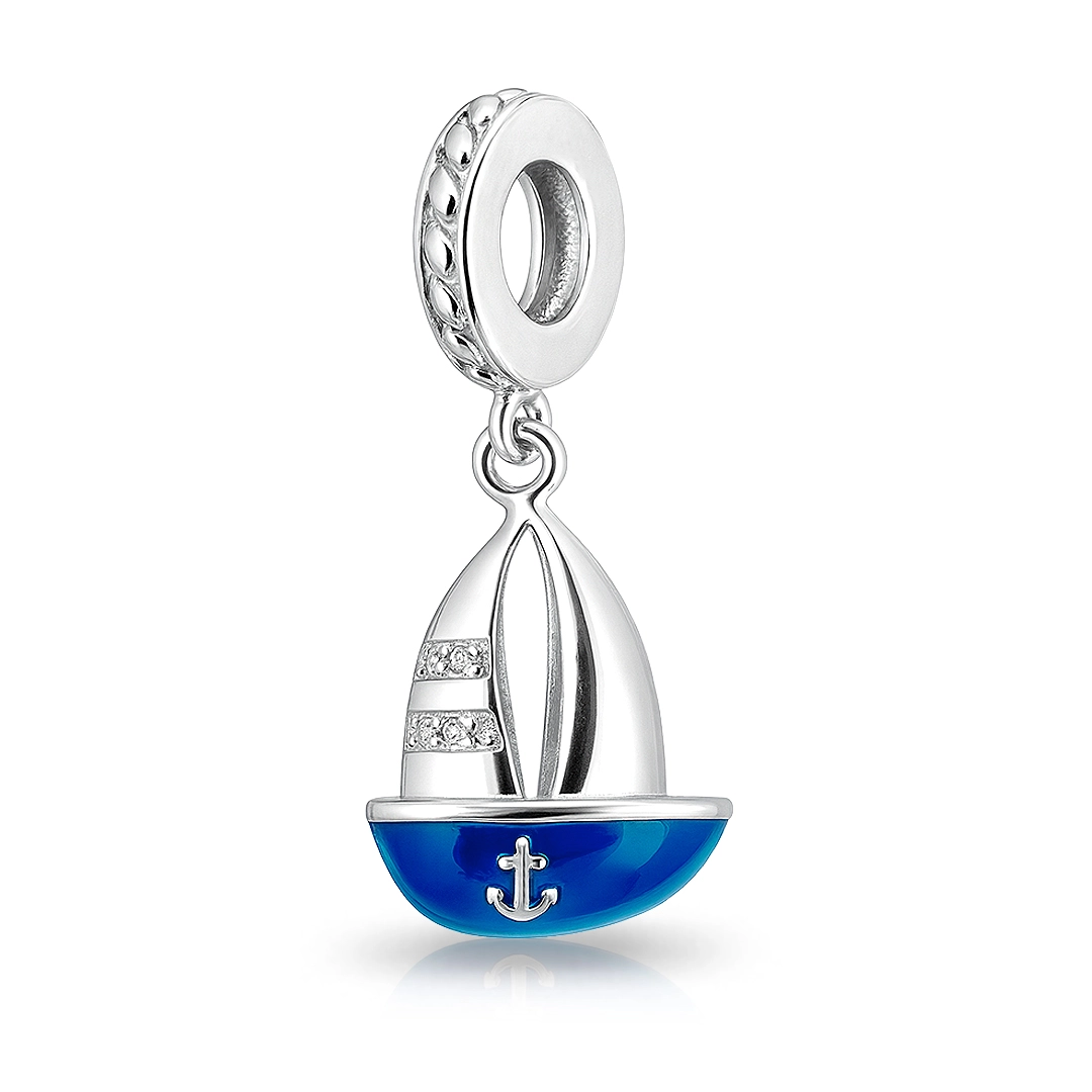 Berloque  Barco com Resina Azul e Zircônias Cristal