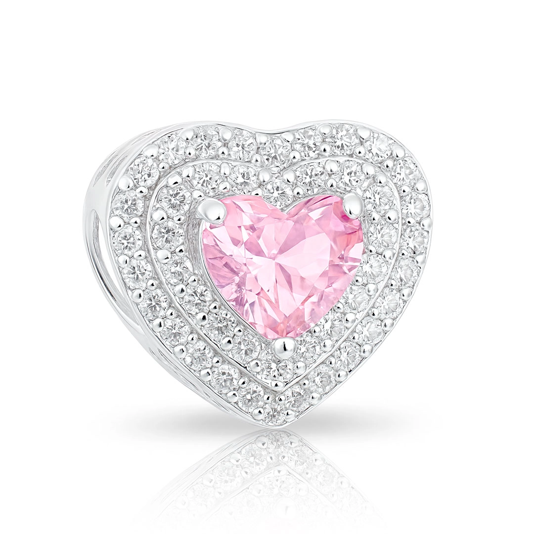 Berloque Coração com Zircônias Rosa e Cristal Cravejadas