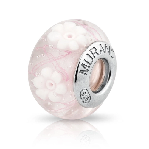 Berloque Separador Murano Rosa com Flor Branca
