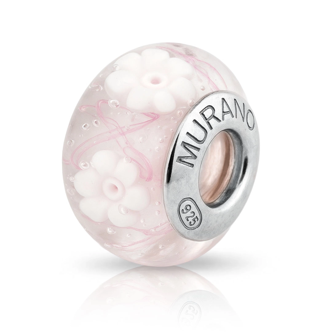 Berloque Separador Murano Rosa com Flor Branca