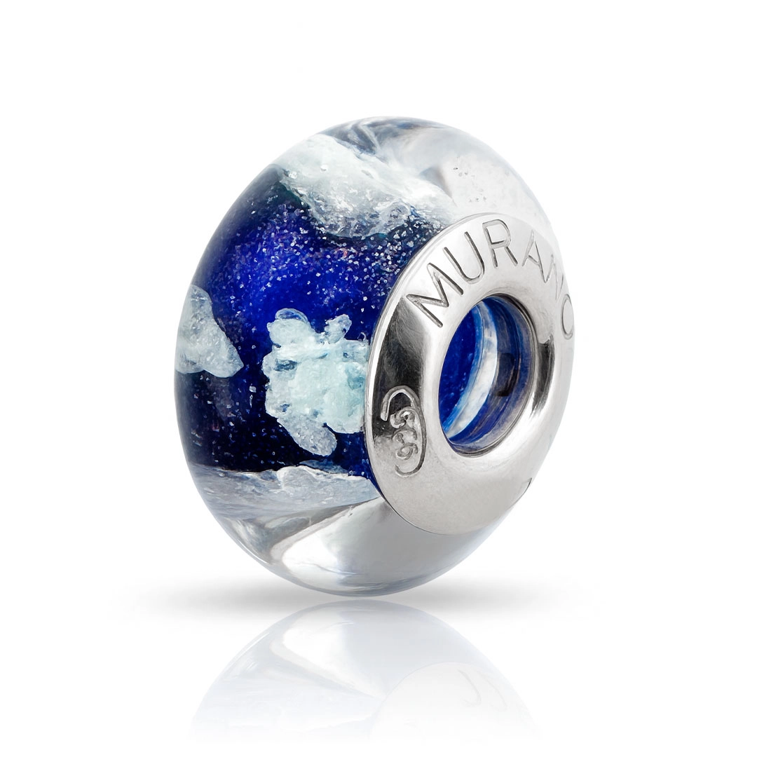 Berloque Separador Murano Azul com Trabalhado Branco