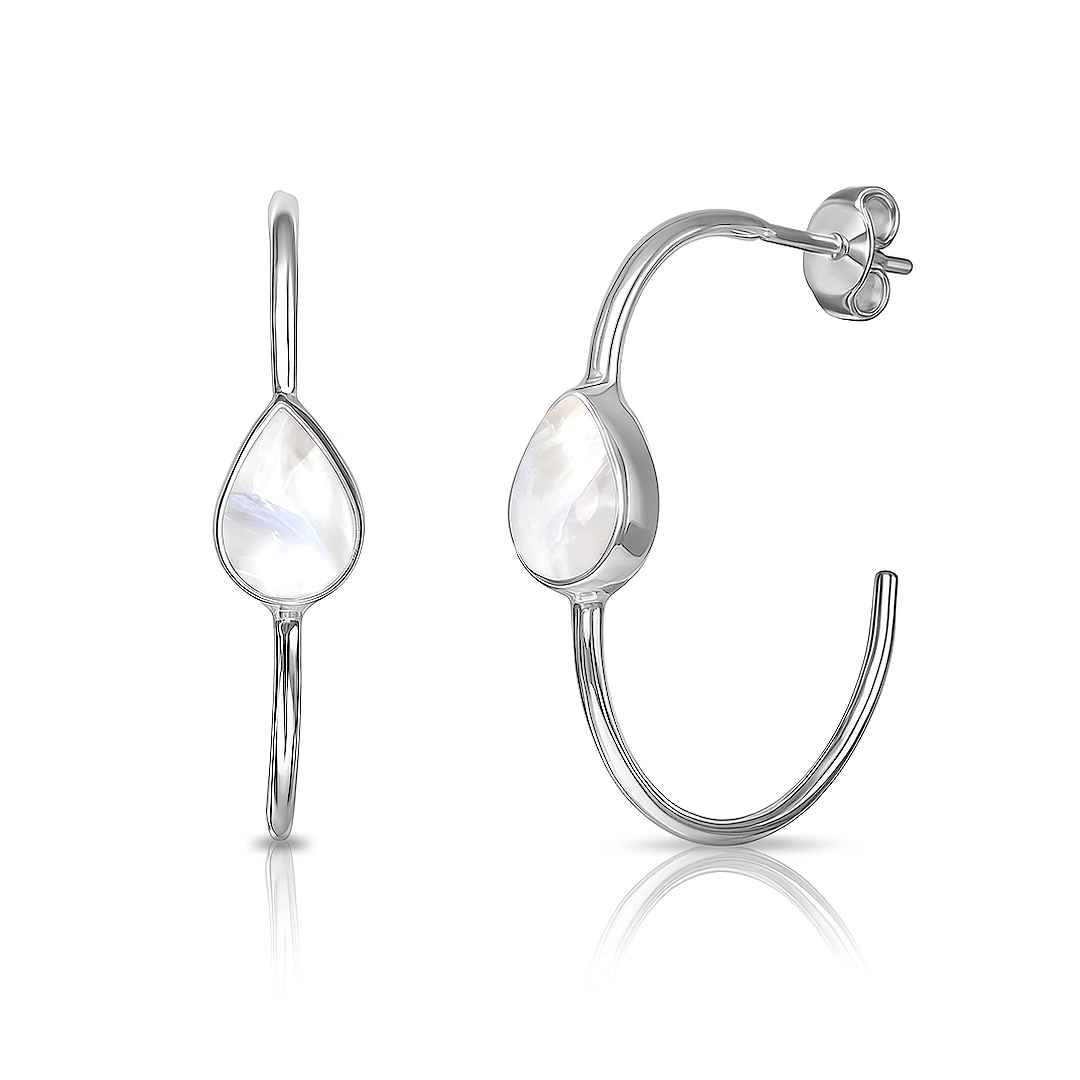 Brinco de Prata 925 Argola com Pedra da Lua Natural Gota