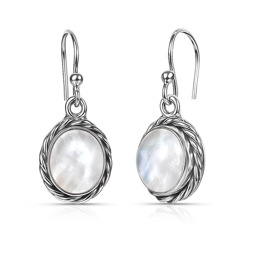 Brinco Prata 925 Gancho com Pedra da Lua Natural Oval Trabalhada