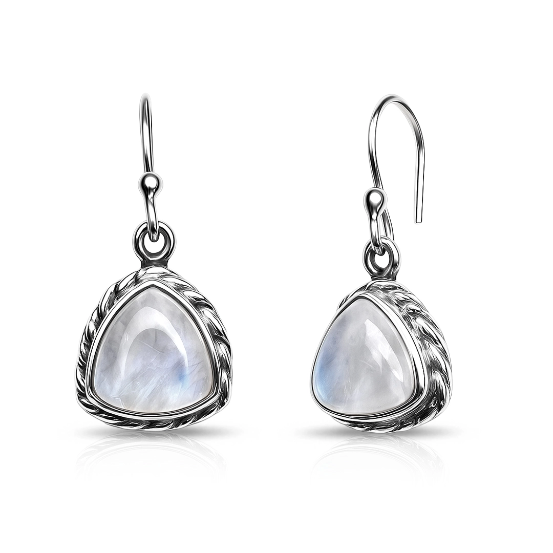 Brinco Prata 925 Gancho com Pedra da Lua Natural Triangular