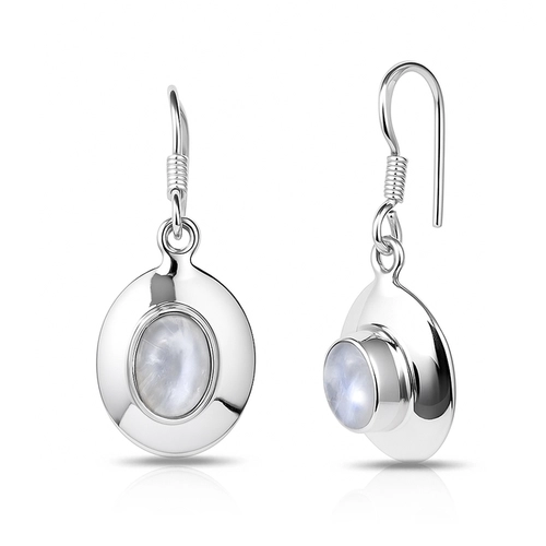 Brinco de Prata 925 Espelhado Oval com Pedra da Lua Natural