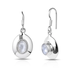 Brinco de Prata 925 Espelhado Oval com Pedra da Lua Natural