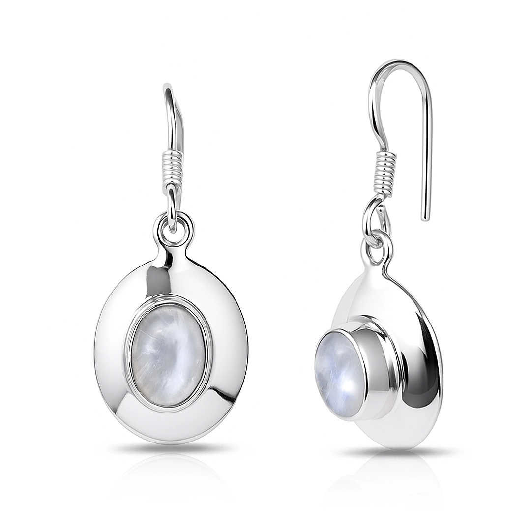 Brinco de Prata 925 Espelhado Oval com Pedra da Lua Natural