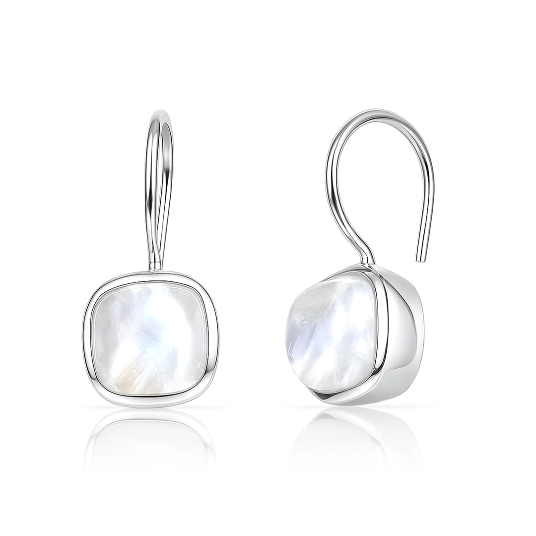 Brinco de Prata 925 com Pedra da Lua Natural Quadrada