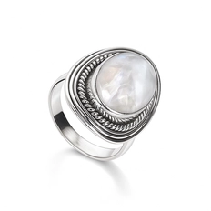 Anel de Prata 925 Envelhecido Trabalhado com Pedra da Lua Natural Oval