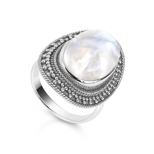 Anel de Prata 925 Oval Trabalhado com Pedra da Lua Natural