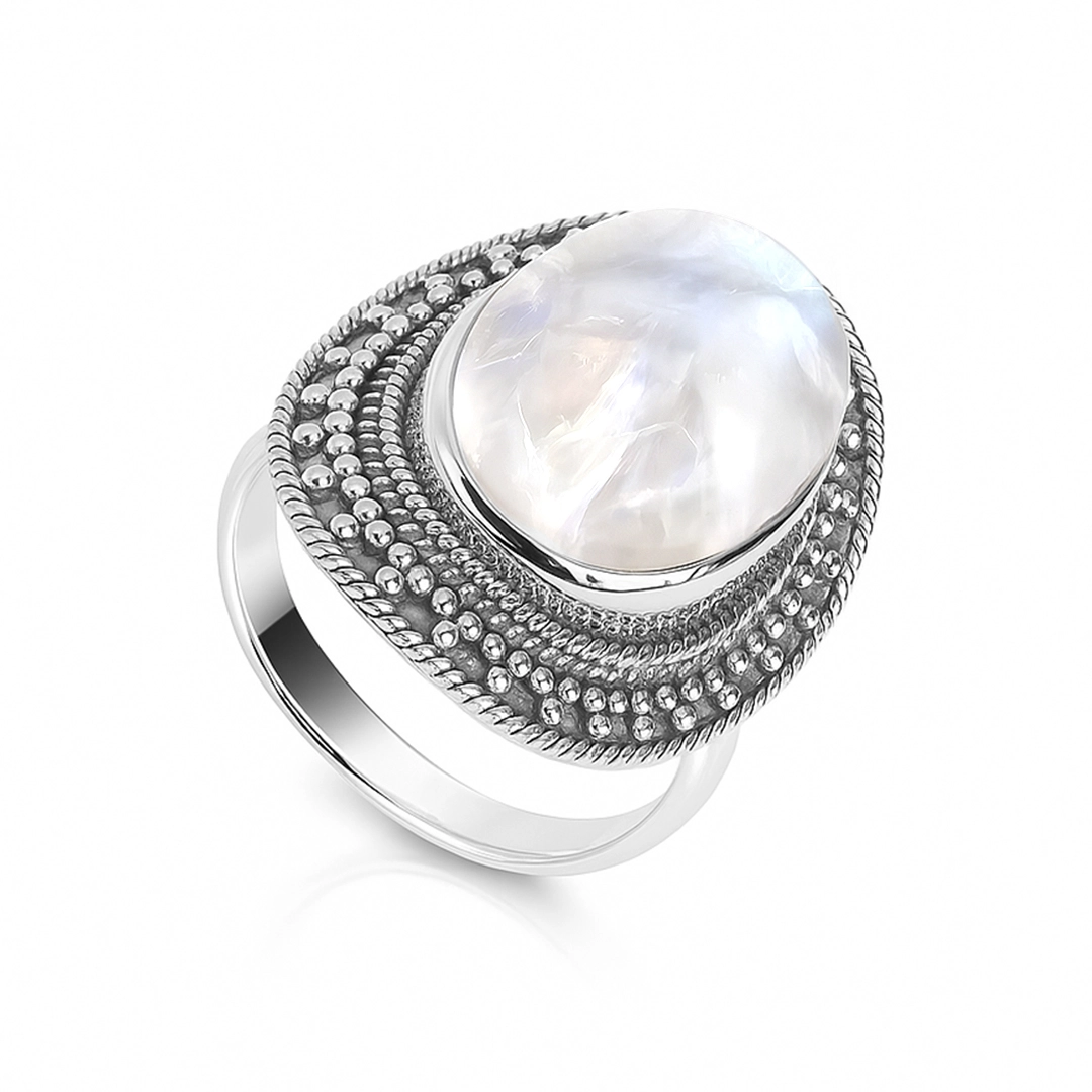 Anel de Prata 925 Oval Trabalhado com Pedra da Lua Natural
