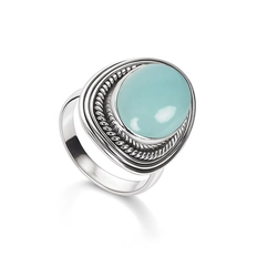 Anel Envelhecido Trabalhado com Calcedônia Natural Oval