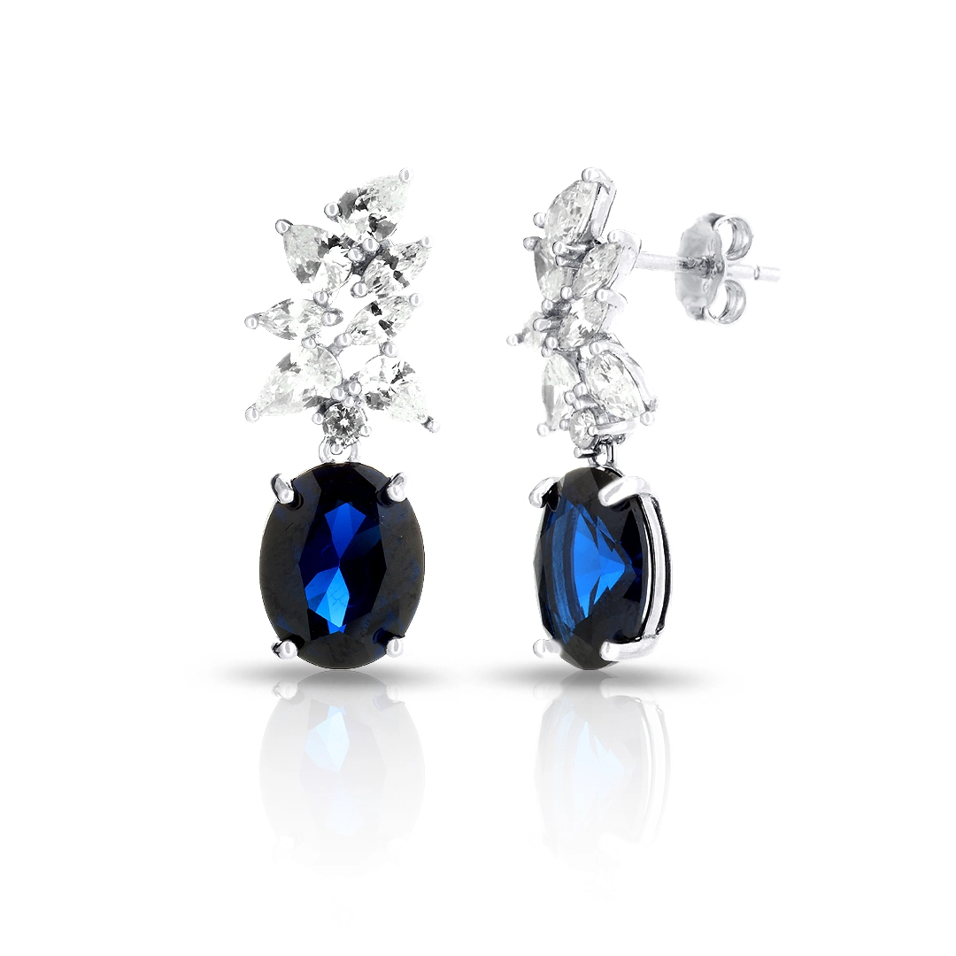 Brinco Balanço Blend Collection Com Zircônias Safira Oval  e Gotas de Zircônias Cristal