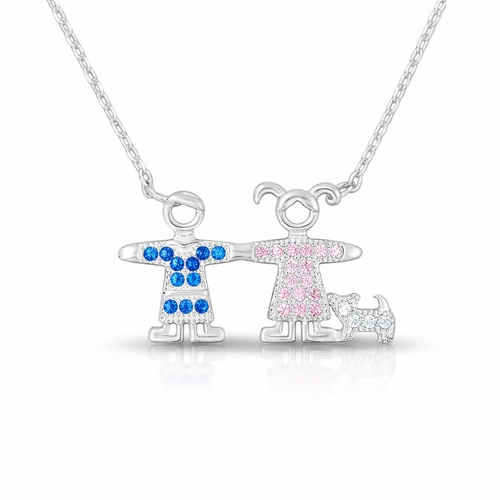 Gargantilha de Menino, Menina e Cachorro com Zircônias Rosa, Safira e Cristal