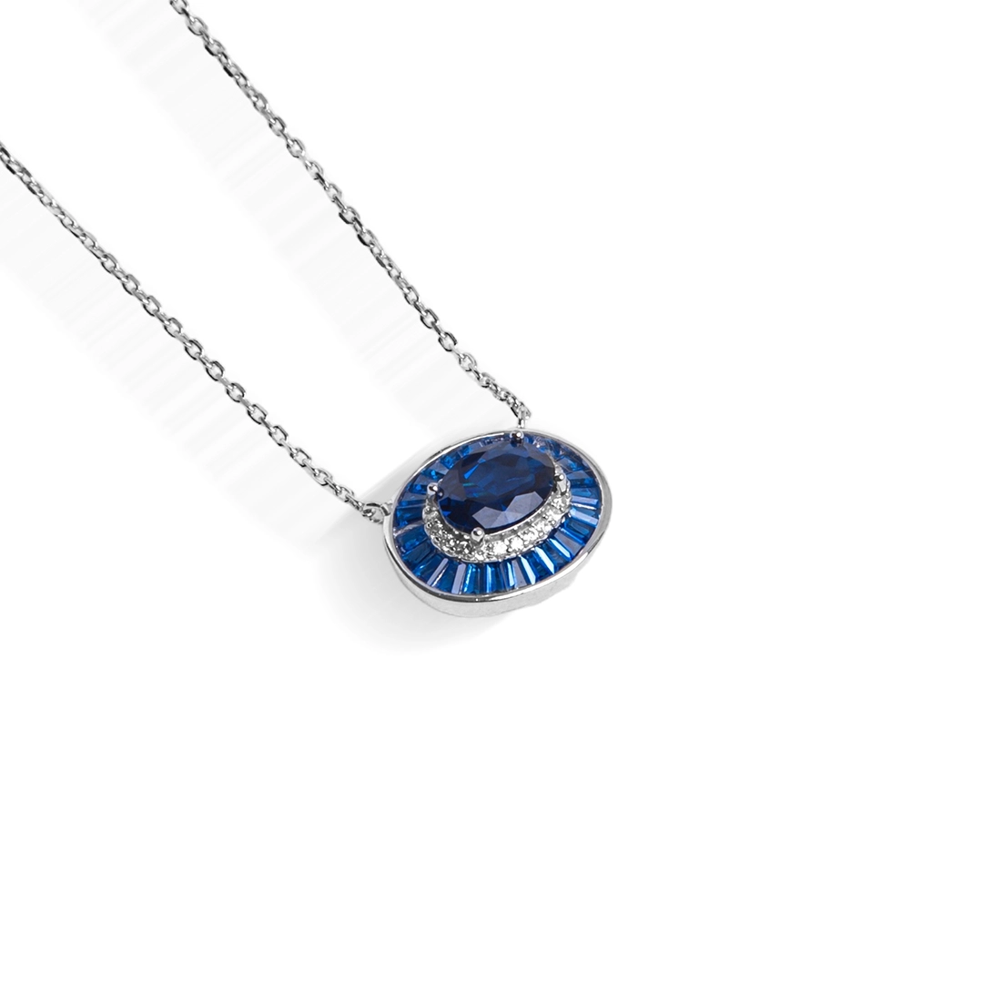 Gargantilha de Prata Blend Collection com Pingente Oval de Zircônias Safira
