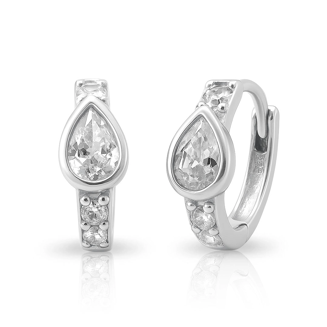 Brinco de Prata Argola Click com Gota e Zircônias