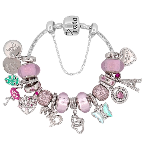 Pulseira de Prata 925 com Berloques Rosa Linha Presents