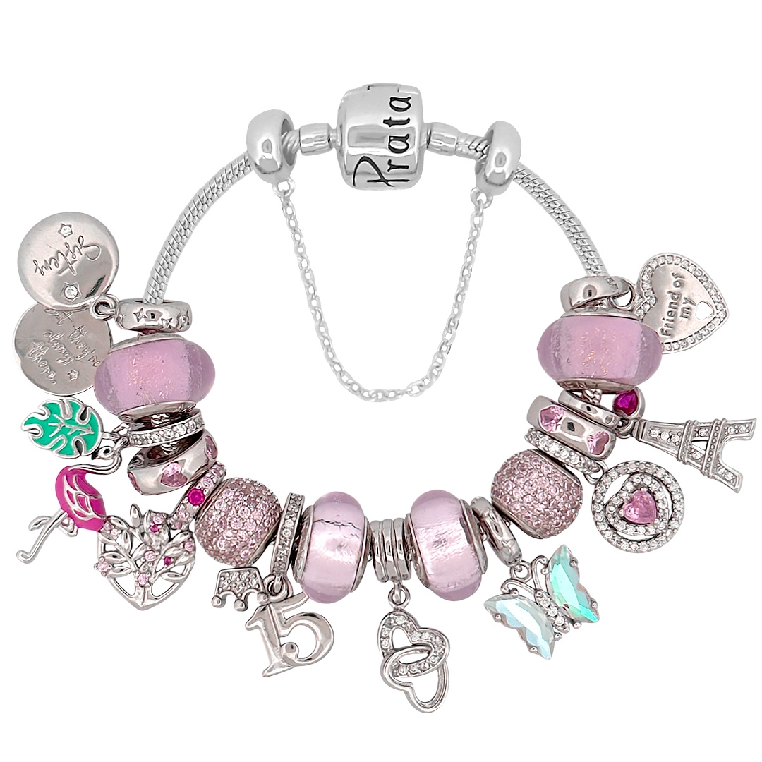 Pulseira de Prata 925 com Berloques Rosa Linha Presents