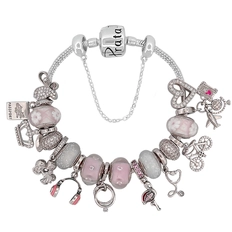 Pulseira com Berloques Rosa e Zircônias Cristal Linha Presents