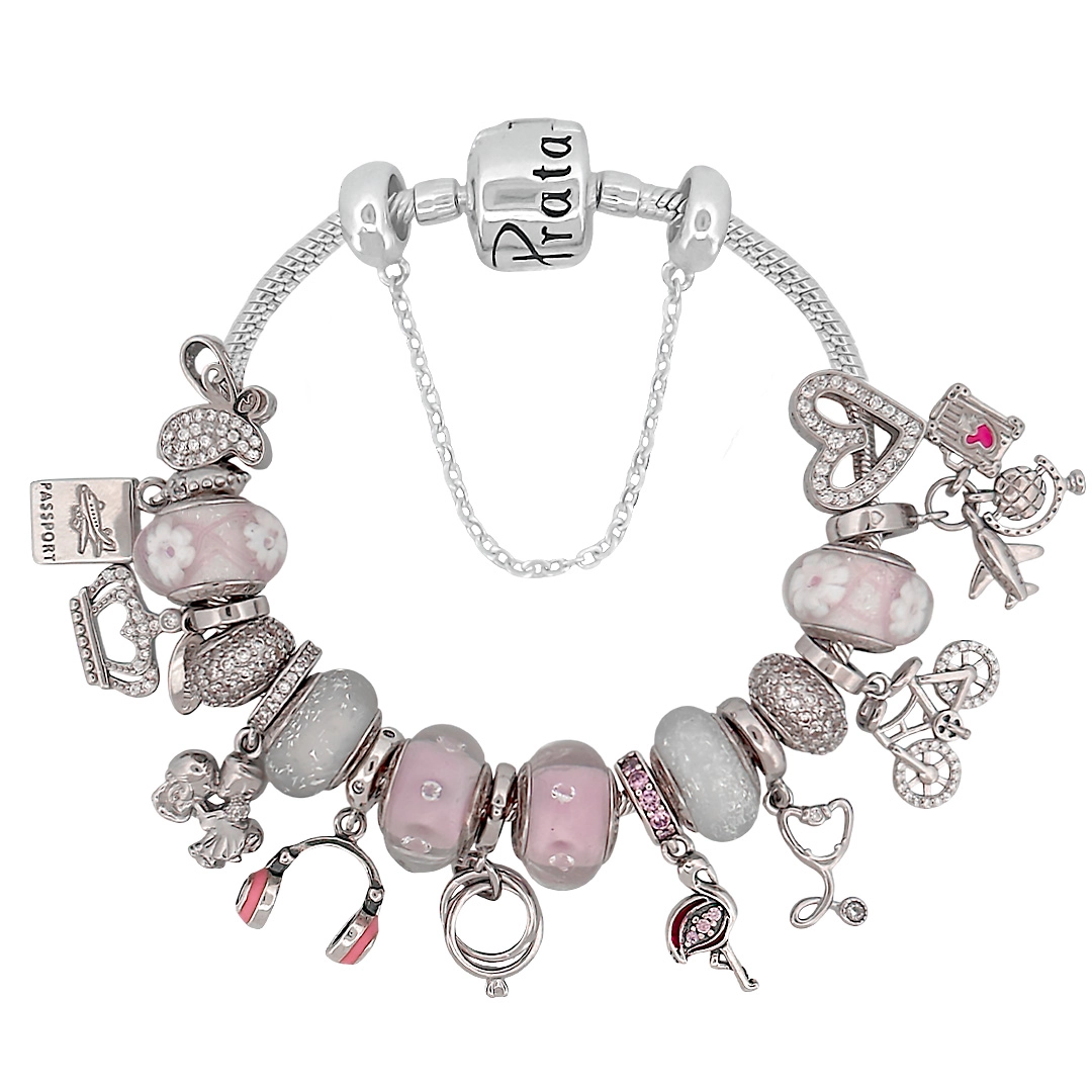 Pulseira com Berloques Rosa e Zircônias Cristal Linha Presents