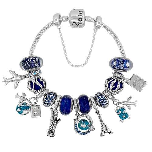 Pulseira de Prata 925 Viagem com Berloques Azul Linha Presents