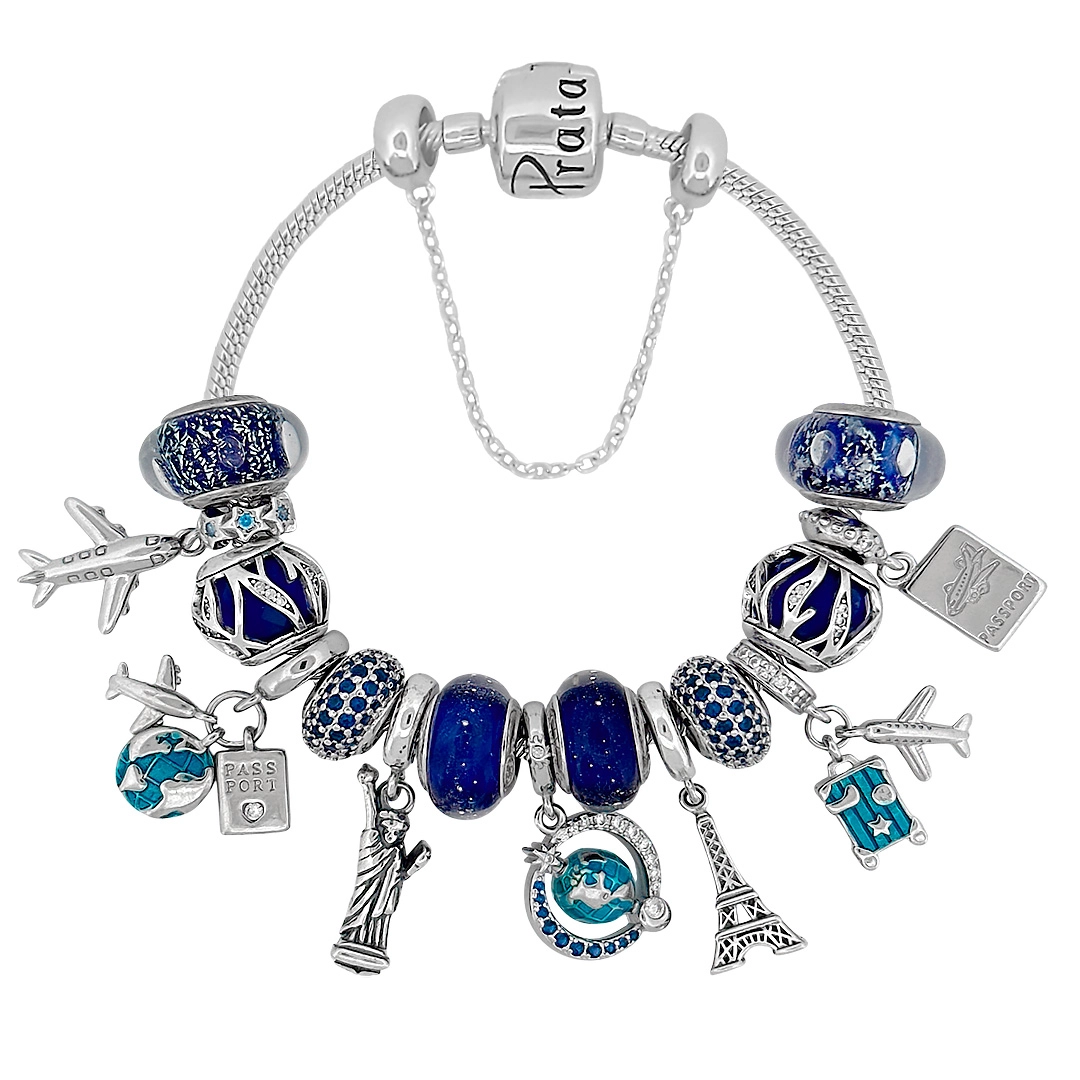 Pulseira de Prata 925 Viagem com Berloques Azul Linha Presents