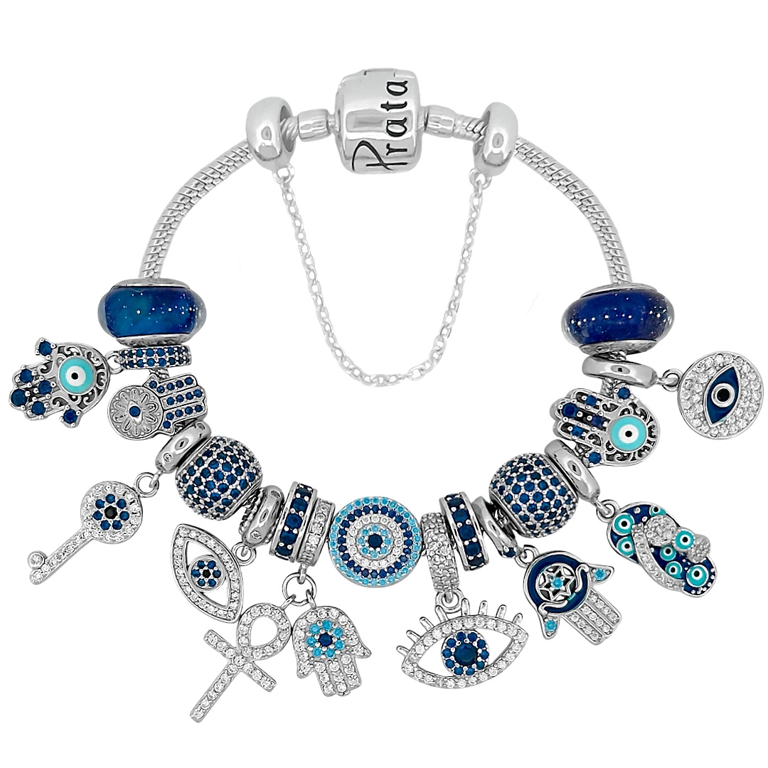 Pulseira de Prata 925 com Berloques Azul Linha Presents