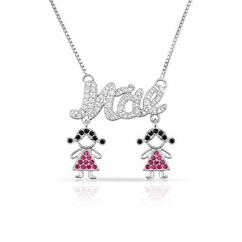Gargantilha Mãe com Duas Meninas Cravejadas com Zircônias Cristal, Ônix e Rubi