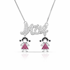 Gargantilha Mãe com Duas Meninas Cravejadas com Zircônias Cristal, Ônix e Rubi