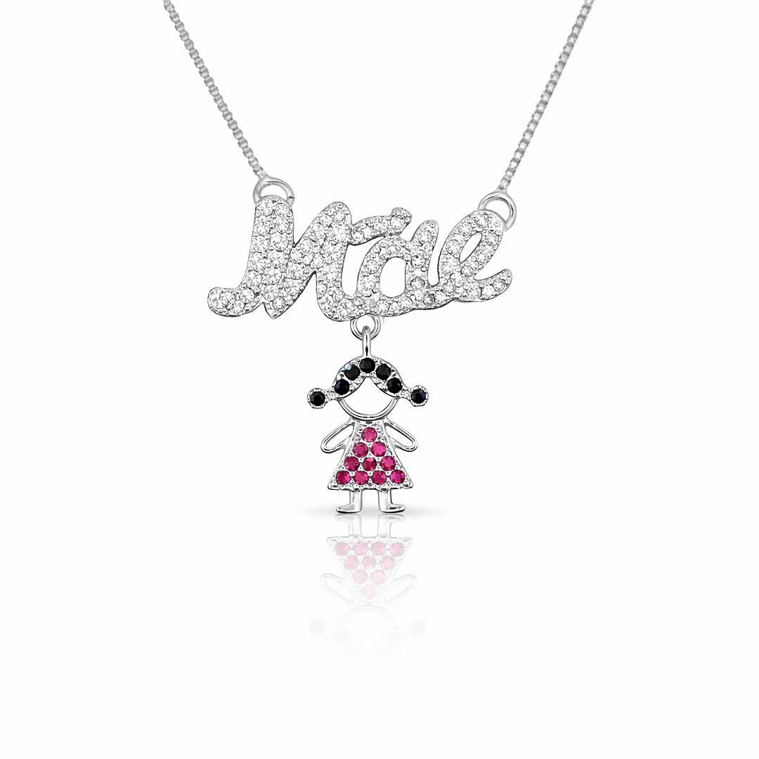 Gargantilha Mãe com Menina Cravejada com Zircônias Cristal, Ônix e Rubi