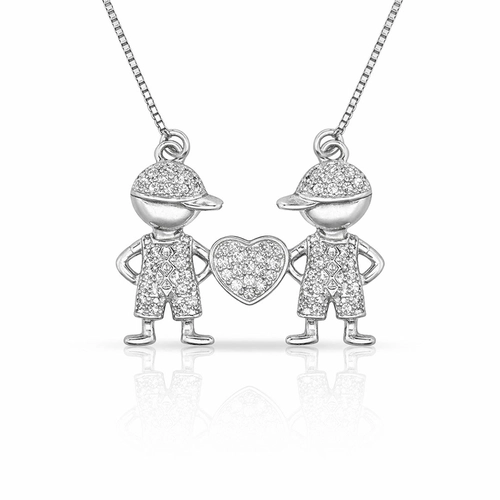 Gargantilha Dois Meninos e Coração com Zircônias Cristal