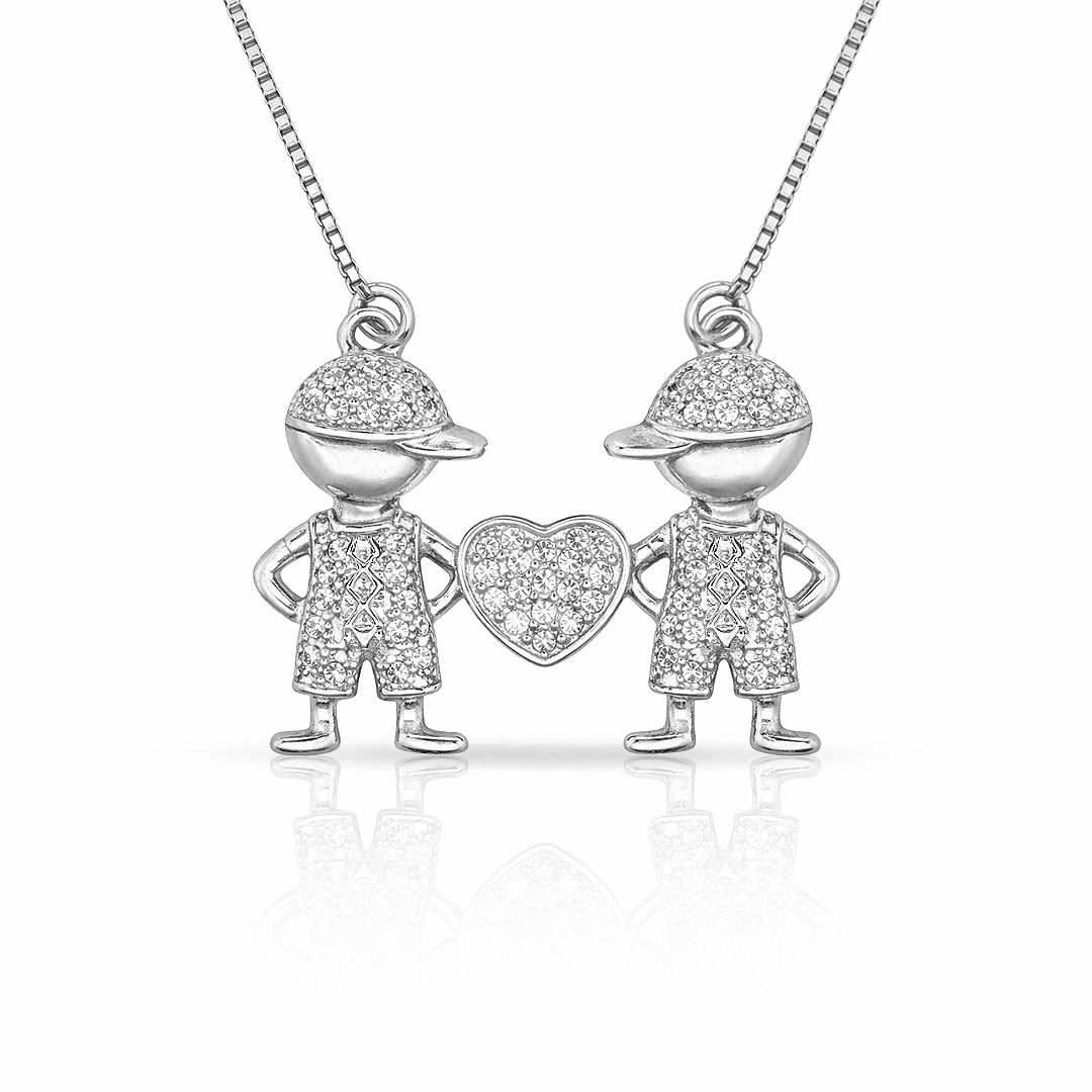 Gargantilha Dois Meninos e Coração com Zircônias Cristal