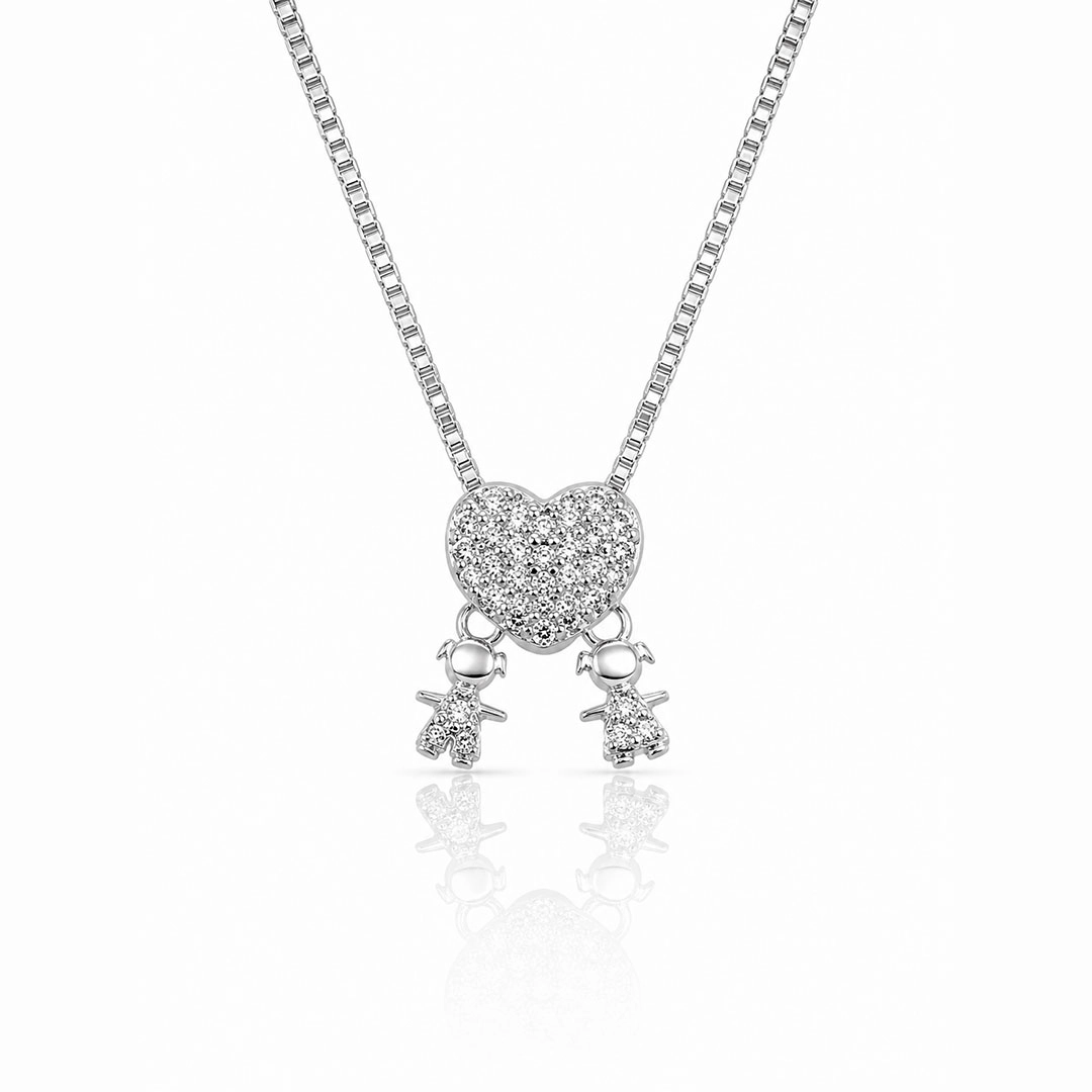 Gargantilha Coração com Duas Meninas e Zircônias Cristal