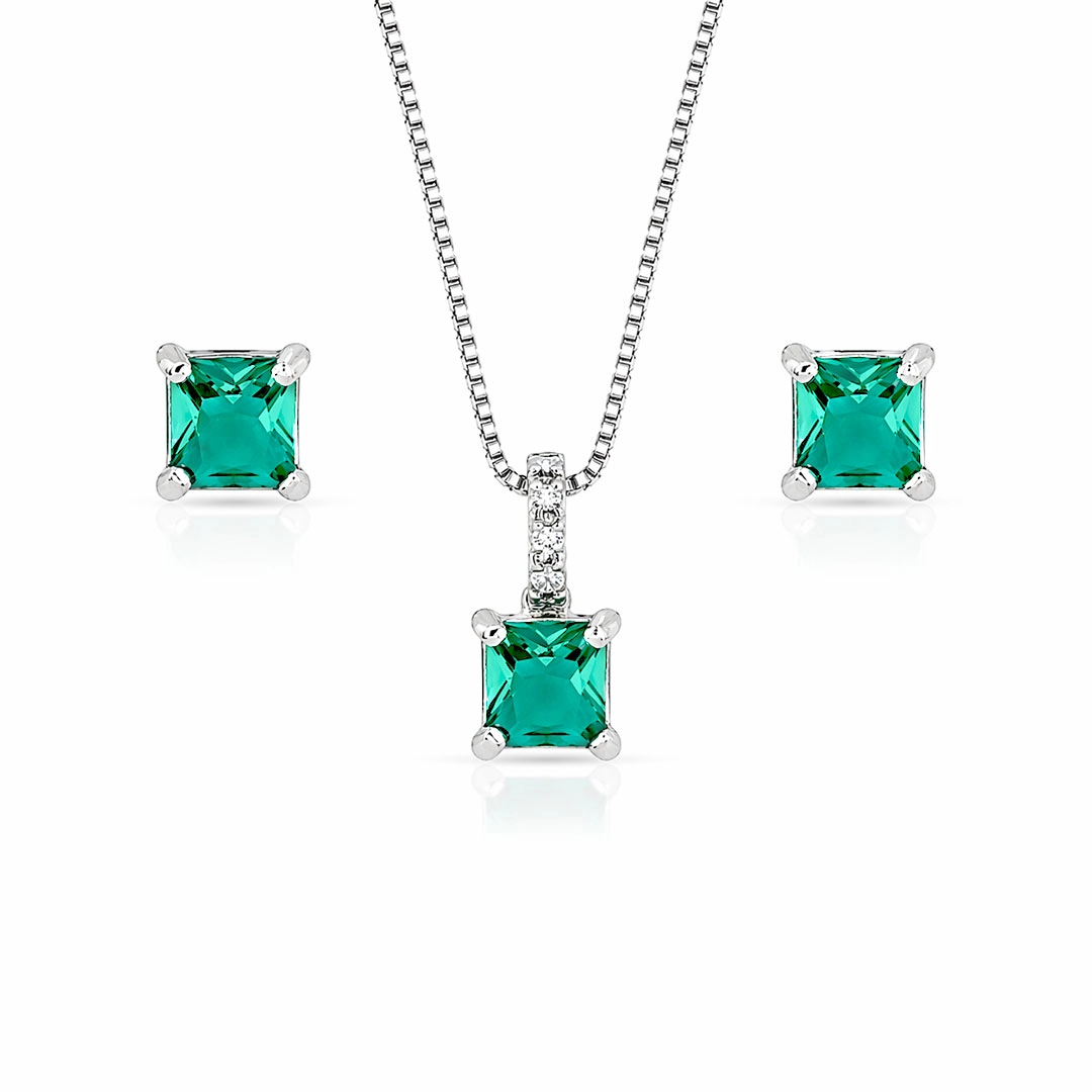 Conjunto Quadrado com Zircônias Esmeralda e Cristal
