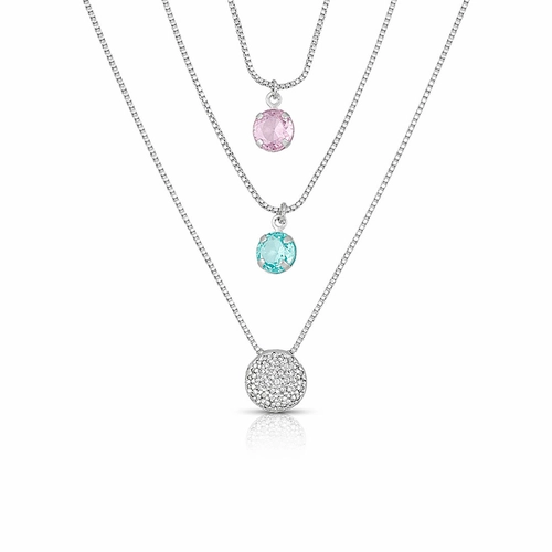 Gargantilha Tripla com Zircônia Rosa, Topázio e Pingente Redondo Cravejado com Zircônias