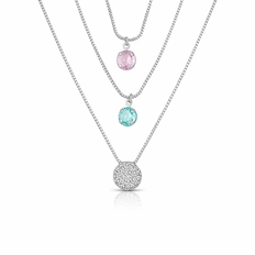 Gargantilha Tripla com Zircônia Rosa, Topázio e Pingente Redondo Cravejado com Zircônias