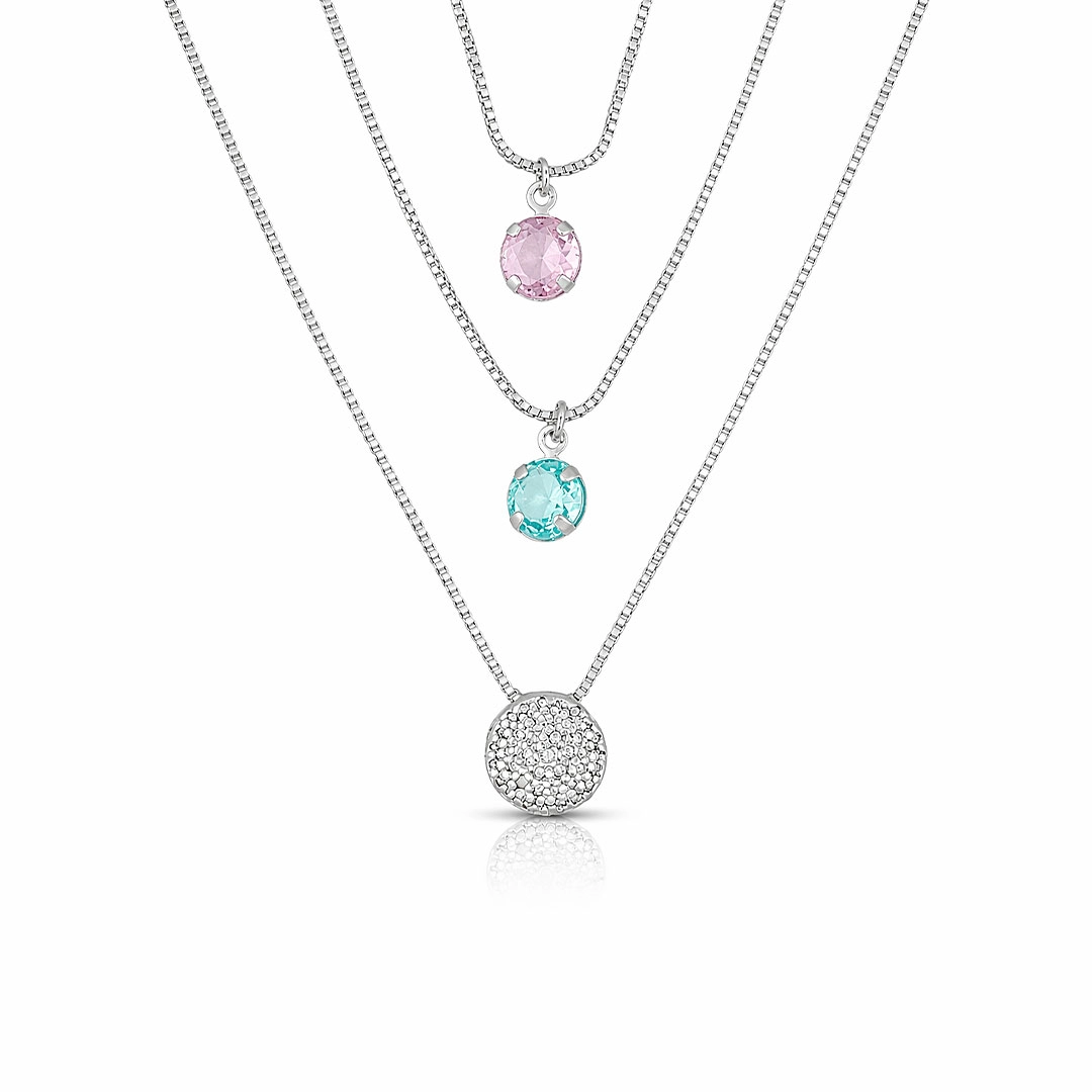 Gargantilha Tripla com Zircônia Rosa, Topázio e Pingente Redondo Cravejado com Zircônias
