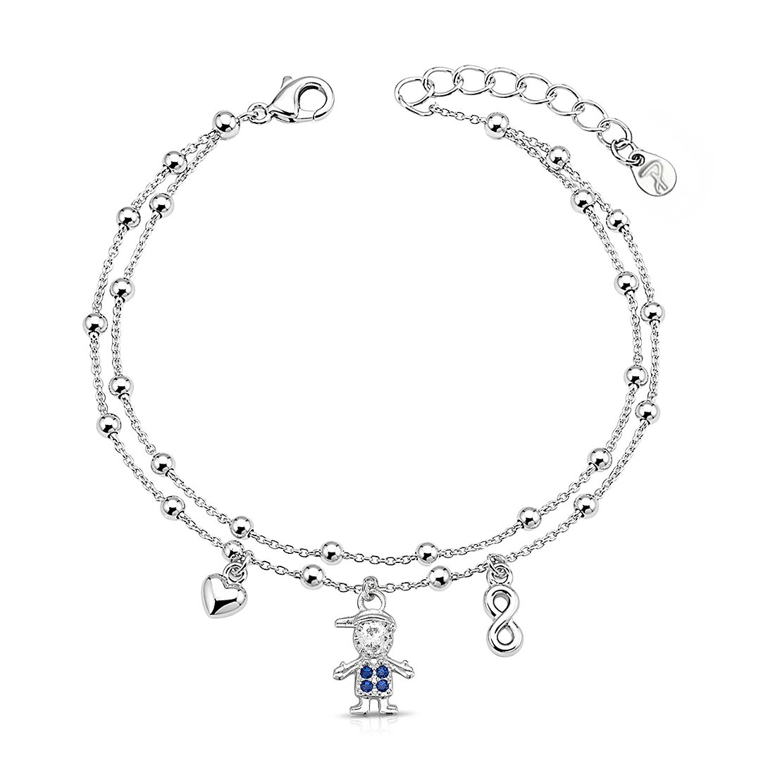 Pulseira Dupla com Esferas e Pingente Menino com Zircônia Cristal e Safira