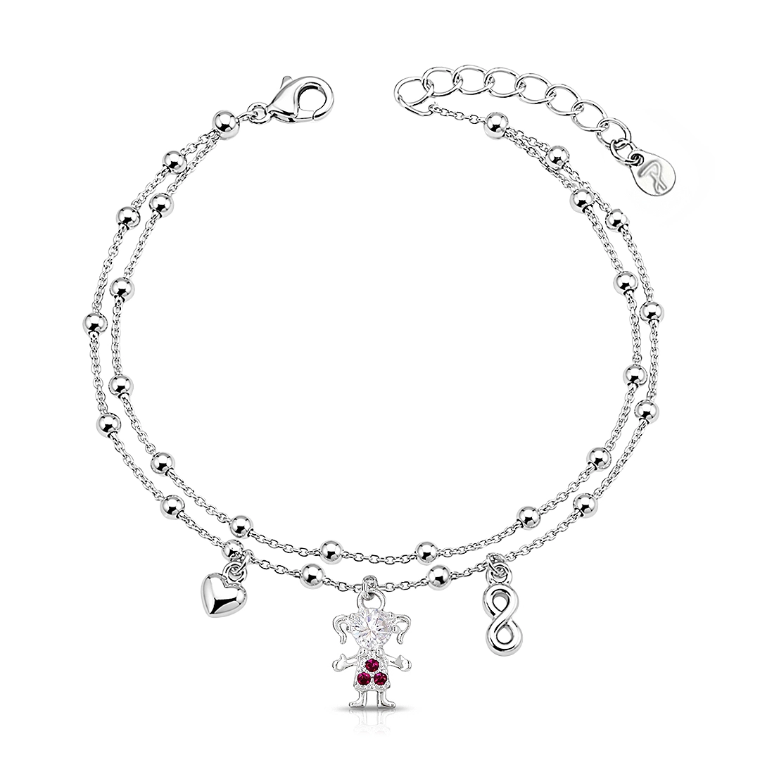 Pulseira Dupla com Esferas e Menina em Zircônia Cristal e Rubi