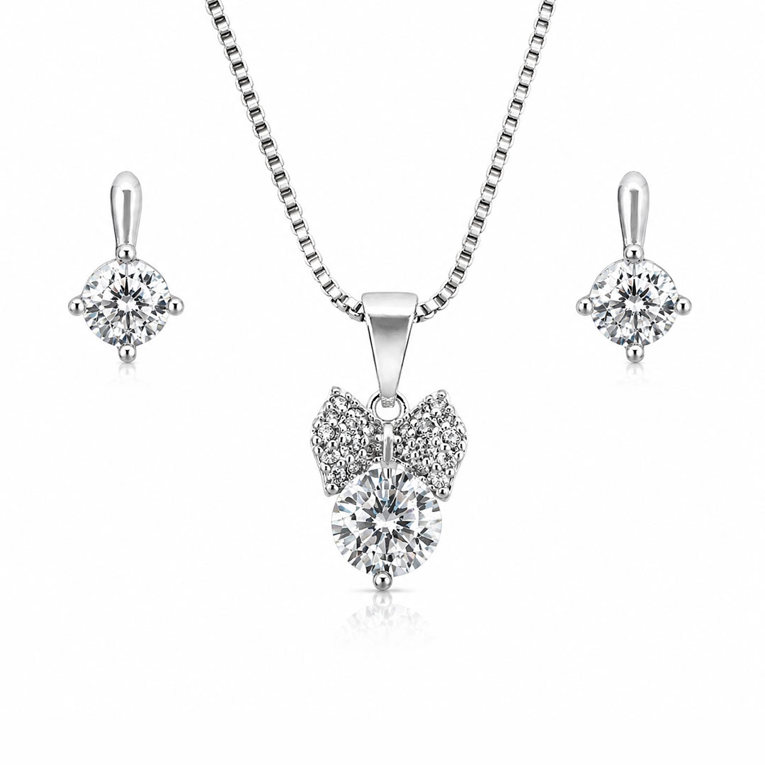 Conjunto Laço e Zircônia Redonda Cristal Cravejada