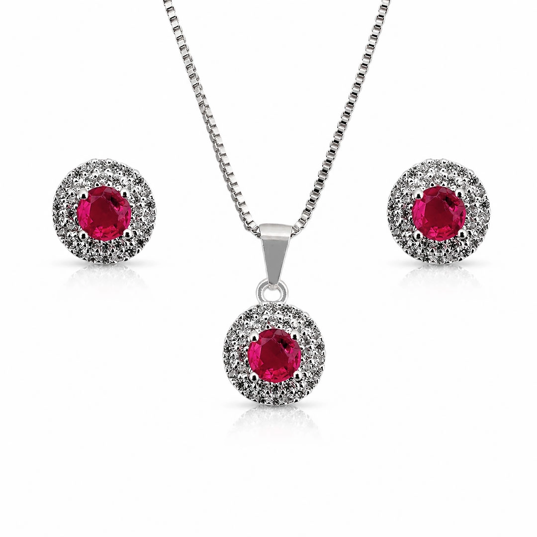 Conjunto Redondo com Zircônias Cristal e Rubi