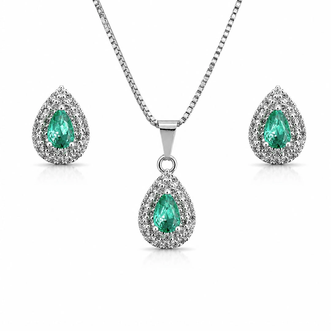 Conjunto Gota com Zircônias Cristal e Esmeralda