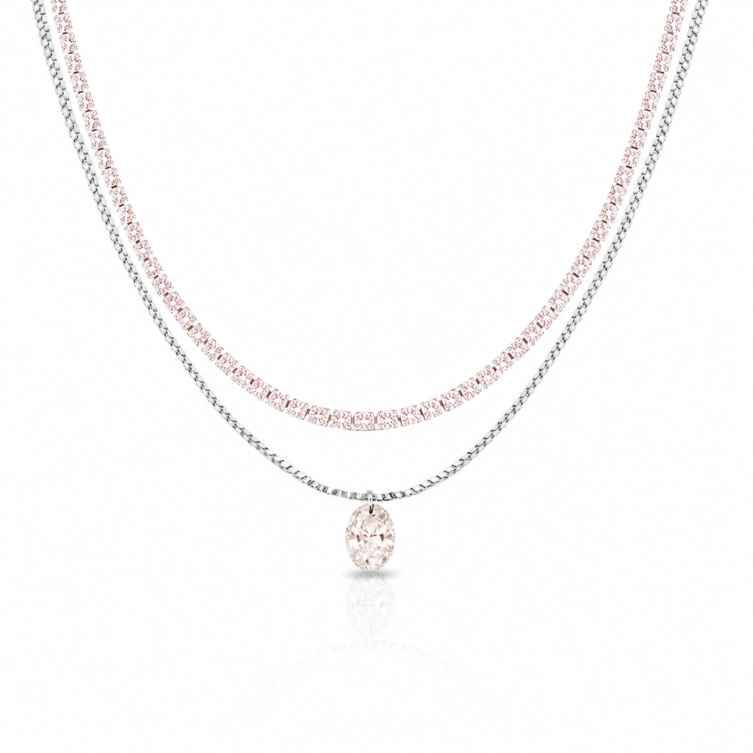 Gargantilha Choker Dupla com Zircônia Rosa Oval