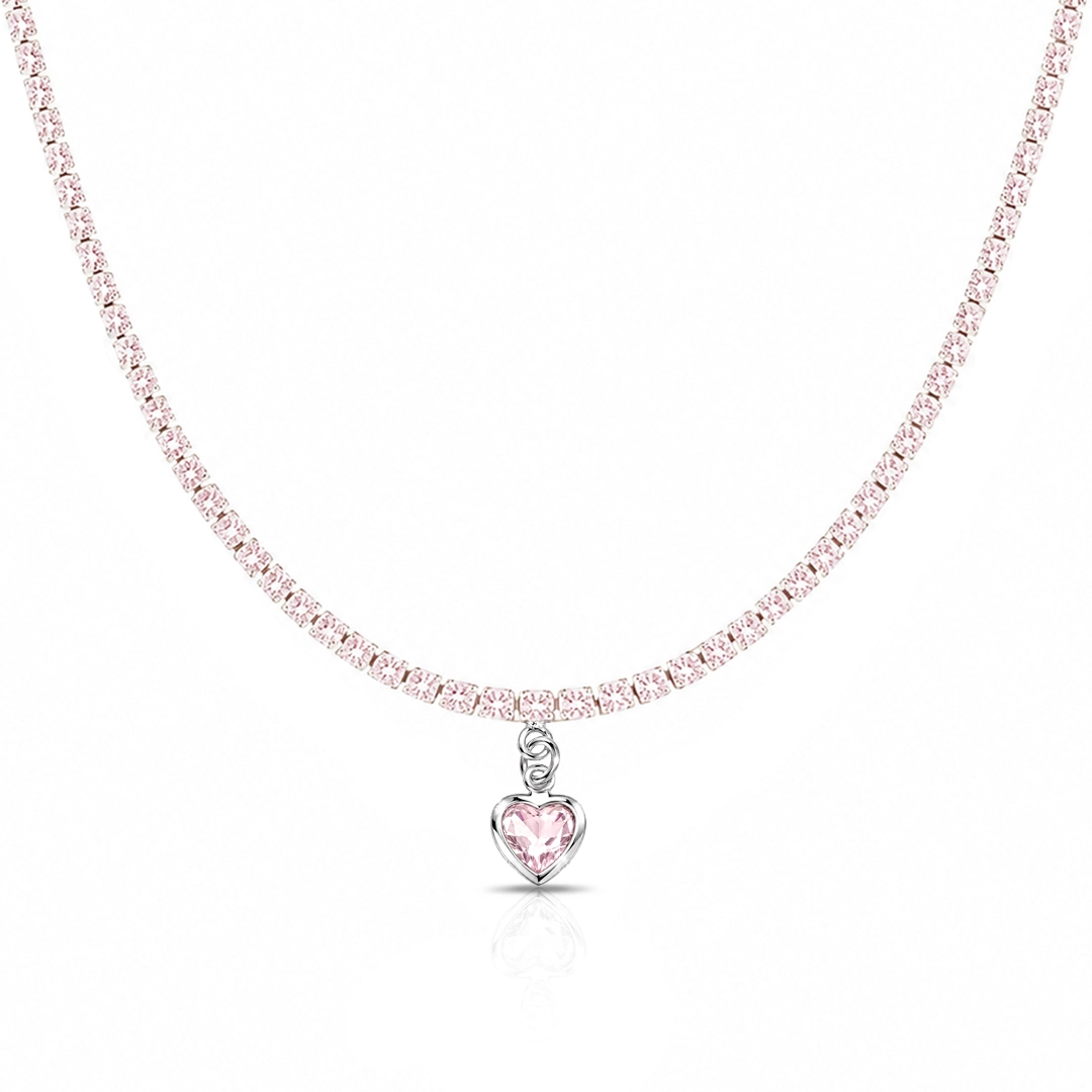 Gargantilha Choker Riviera com Zircônias Rosa e Pingente de Coração
