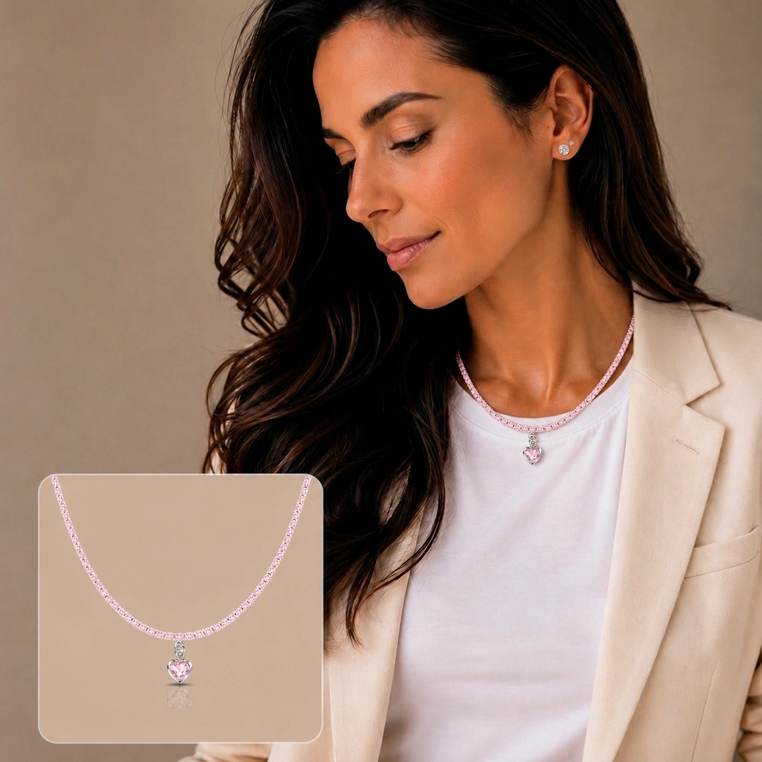 Gargantilha Choker Riviera com Zircônias Rosa e Pingente de Coração